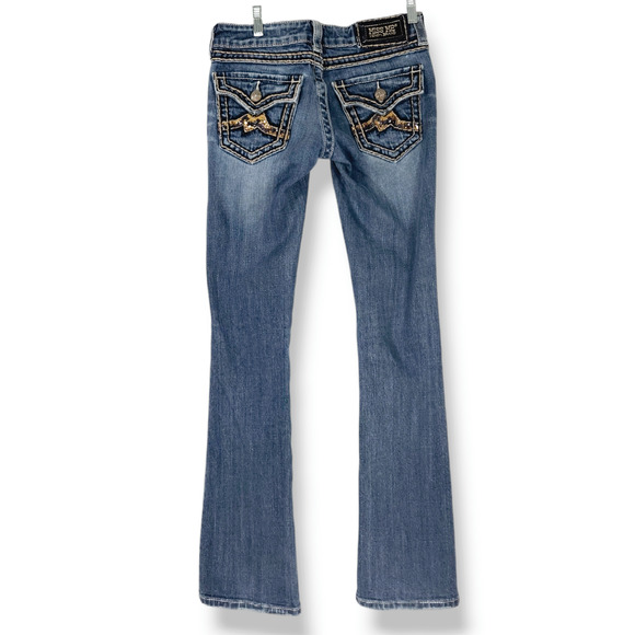 Y2K Miss Me Distressed Sequin Bootcut Denim Jeans Sz. 27x33 Dark Indigo Blue - Picture 1 of 14